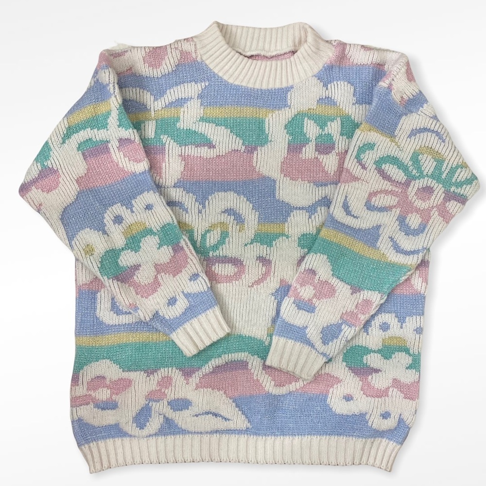 Vintage Pastel Stripe Floral Lurex Sweater Medium - Picture 6 of 6